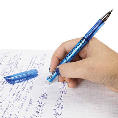Ручка стираемая гелевая STAFF, СИНЯЯ, хромированные детали, узел 0,5 мм, линия письма 0,35 мм, 142494