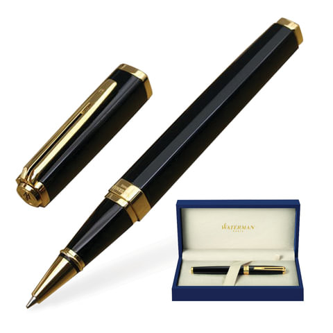 Ручка-роллер подарочная WATERMAN "Exception Black GT Slim", черный лак, позолоченные детали, черная, S0636990