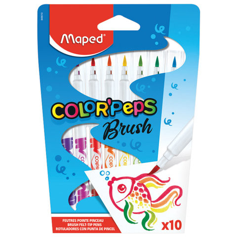 Фломастеры MAPED (Франция) "Color'peps" 10 цветов, наконечник-кисть, суперсмываемые, европодвес, 848010