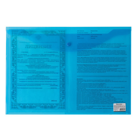 Папка-конверт с кнопкой БОЛЬШОГО ФОРМАТА (310х430 мм), А3, прозрачная, синяя, 0,18 мм, BRAUBERG, 224034