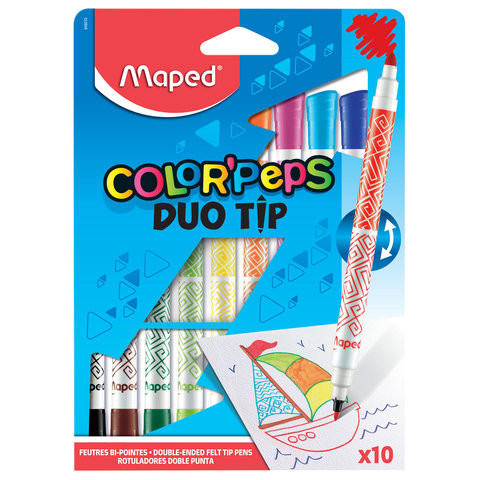 Фломастеры двусторонние MAPED (Франция) "Color'peps Duo" 10 цветов, пишущие узлы 2 и 3,9 мм, суперсмываемые, 849010