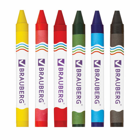 Восковые карандаши утолщенные BRAUBERG, 6 цветов, 222965