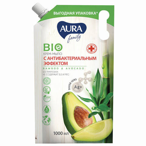 Мыло-крем с антибактериальным эффектом 1 л AURA "Бамбук и авокадо", без триклозана, дой-пак, 10199