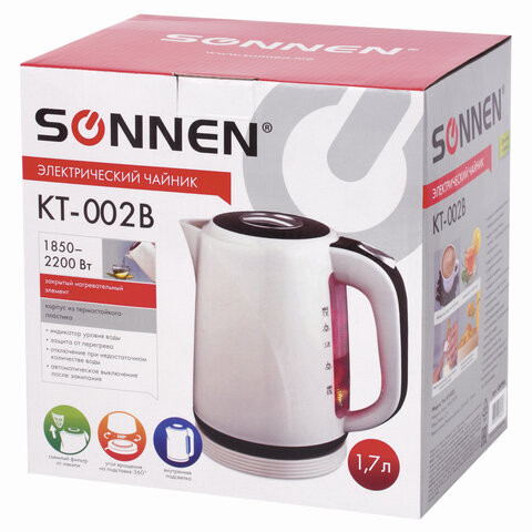 Чайник SONNEN KT-002B, 1,7 л, 2200 Вт, закрытый нагревательный элемент, пластик, бежевый, 454994