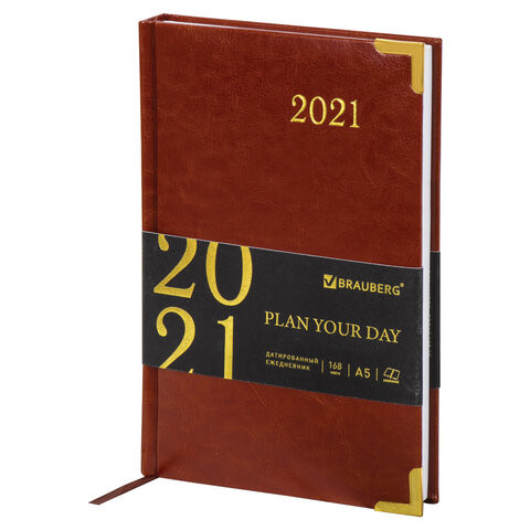 Ежедневник датированный 2021 А5 (138х213 мм) BRAUBERG "Senator", кожзам, коричневый, 111410