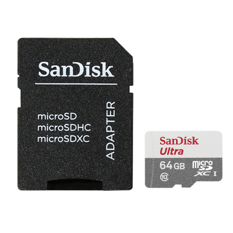Карта памяти microSDXC, 64 GB, SANDISK Ultra UHS-I U1, 80 Мб/сек (class 10), адаптер, QUNS-064G-GN3MA