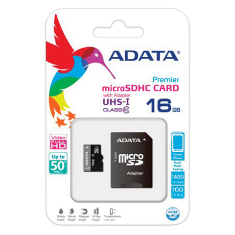 Карта памяти micro SDHC, 16 GB, A-DATA Premier, 50 Мб/сек. (class 10), с адаптером, AUSDH16GUICL10