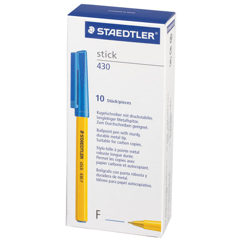 Ручка шариковая STAEDTLER (Германия) "Stick", Синяя, корпус желтый, узел 0,8 мм, линия письма 0,25 мм, 430 F-3