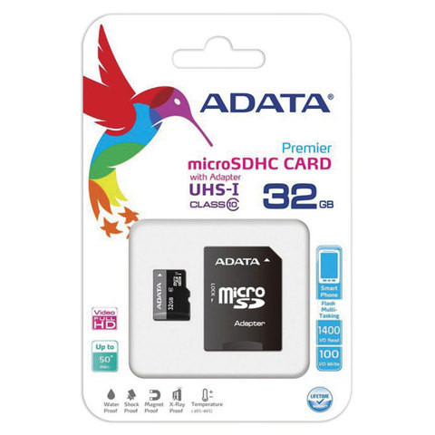 Карта памяти micro SDHC, 32 GB, A-DATA Premier, 50 Мб/сек. (class 10), с адаптером, AUSDH32GUICL10