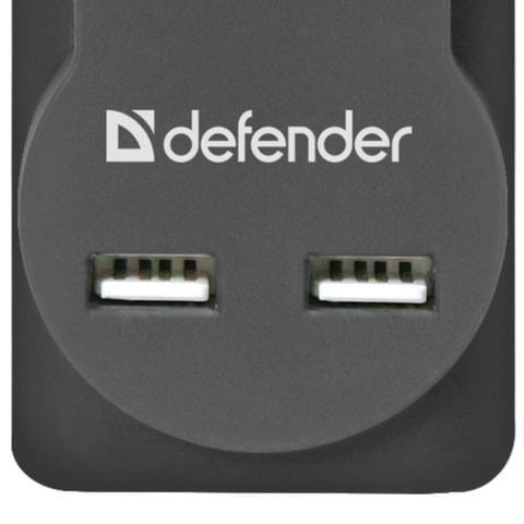 Сетевой фильтр DEFENDER DFS 753, 5 розеток, 2 разъема USB, 3 м, черный, 99753