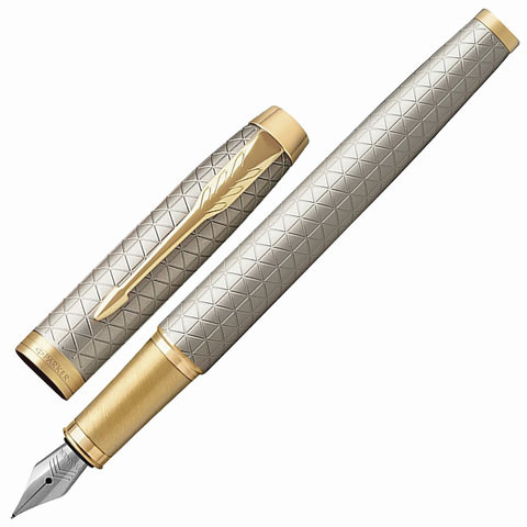 Ручка перьевая PARKER "IM Premium Warm Silver GT", корпус серебристый матовый с гравировкой, позолоченные детали, синяя, 1931684