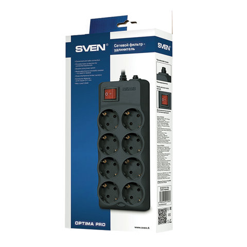 Сетевой фильтр SVEN Optima Pro, 8 розеток, 3,1 м, черный, SV-013721