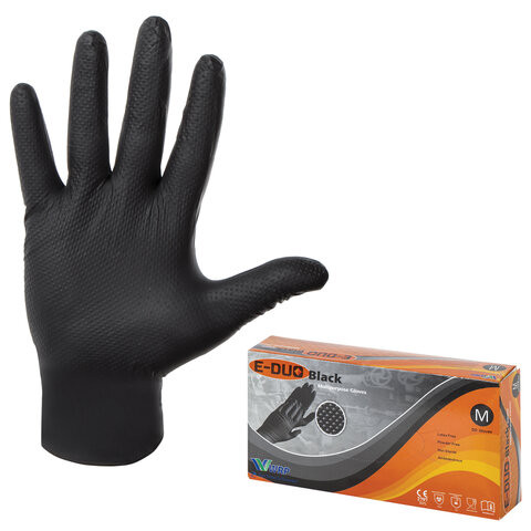 Перчатки нитриловые повышенной прочности, КОМПЛЕКТ 25 пар, размер M (средний), E-DUO, черные, E65-0X-Black