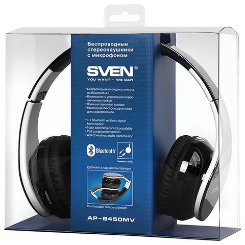 Наушники с микрофоном (гарнитура) SVEN AP-B450MV, Bluetooth, беспроводные, с оголовьем, черные, SV-012694
